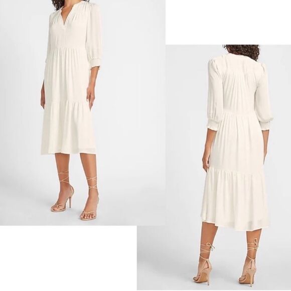 EXPRESS NWT Boho Ivory 3/4 Sleeve Midi Dress M - Picture 2 of 16